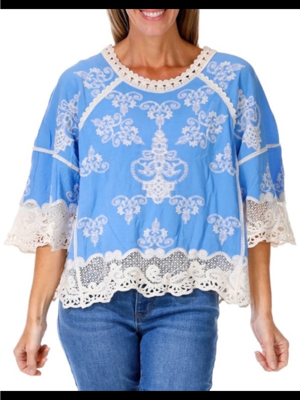 Democracy Light Blue Embroidered Crochet-Trim Blouse